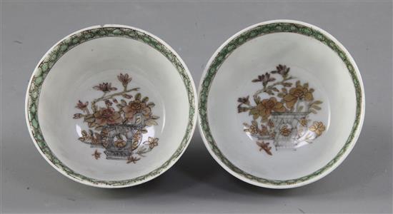 A pair of Chinese export armorial teabowls, Yongzheng period, diameter 7.2cm, both with tiny areas of damage